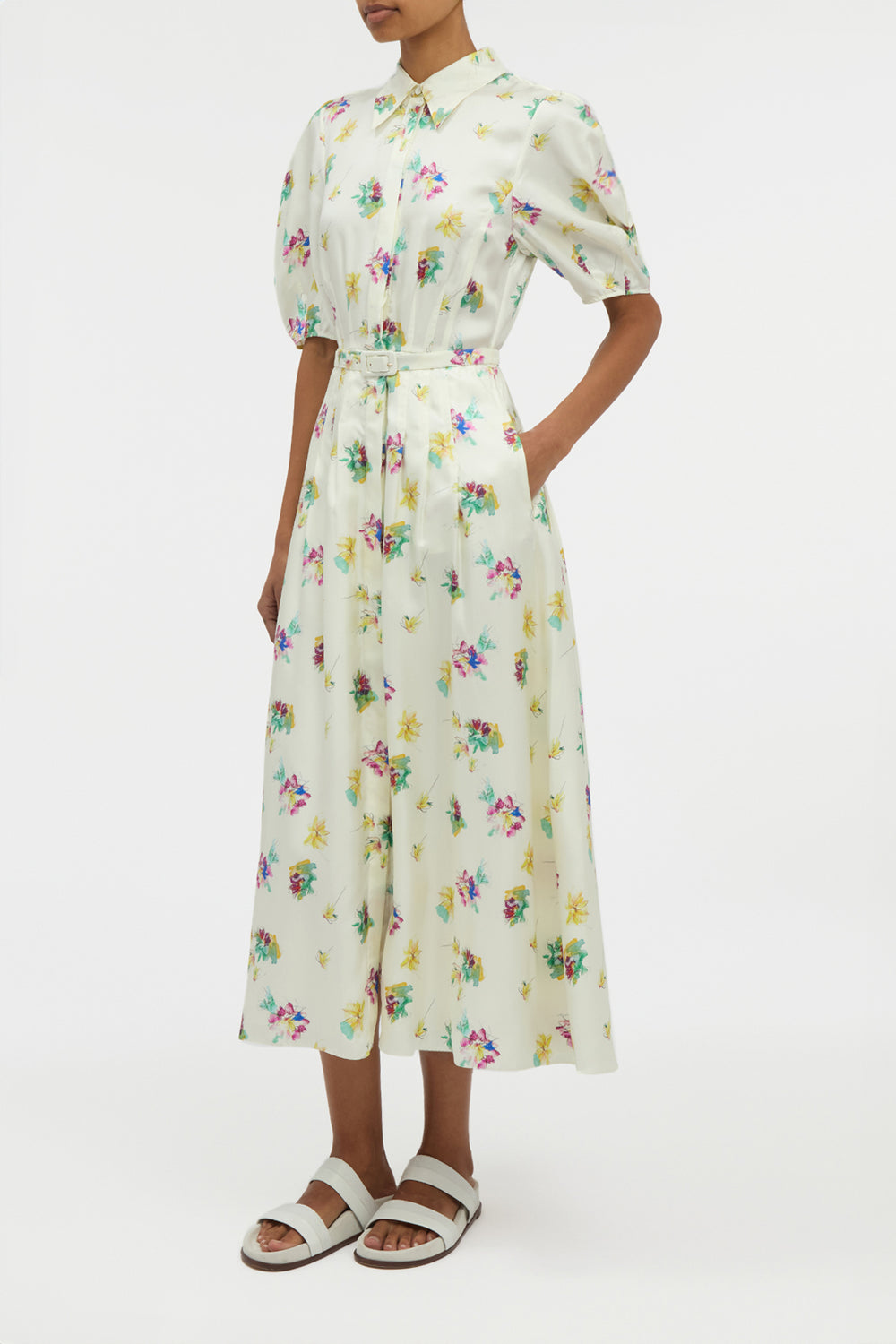 Maude Pleated Mia's Flowers Midi Shirtdress in Ivory Multi Printed Silk Twill