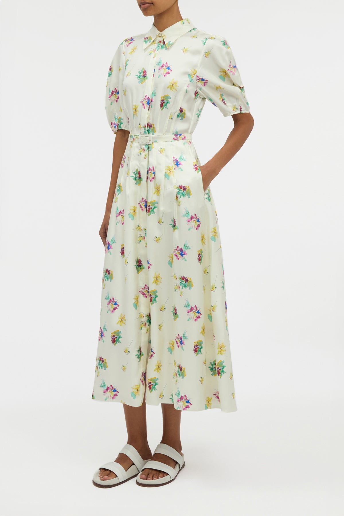 Maude Pleated Mia's Flowers Midi Shirtdress in Ivory Multi Printed Silk Twill