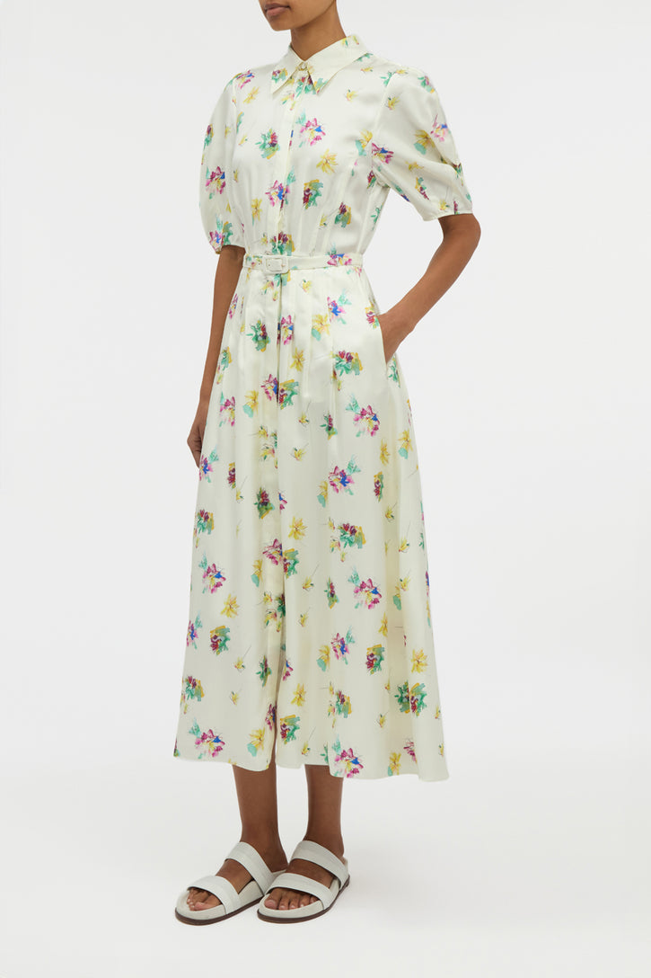 Maude Pleated Mia's Flowers Midi Shirtdress in Ivory Multi Printed Silk Twill