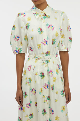 Maude Pleated Mia's Flowers Midi Shirtdress in Ivory Multi Printed Silk Twill