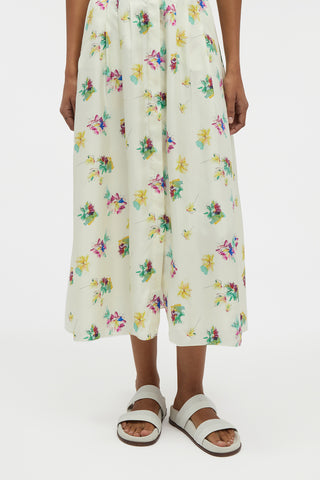 Maude Pleated Mia's Flowers Midi Shirtdress in Ivory Multi Printed Silk Twill