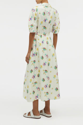 Maude Pleated Mia's Flowers Midi Shirtdress in Ivory Multi Printed Silk Twill
