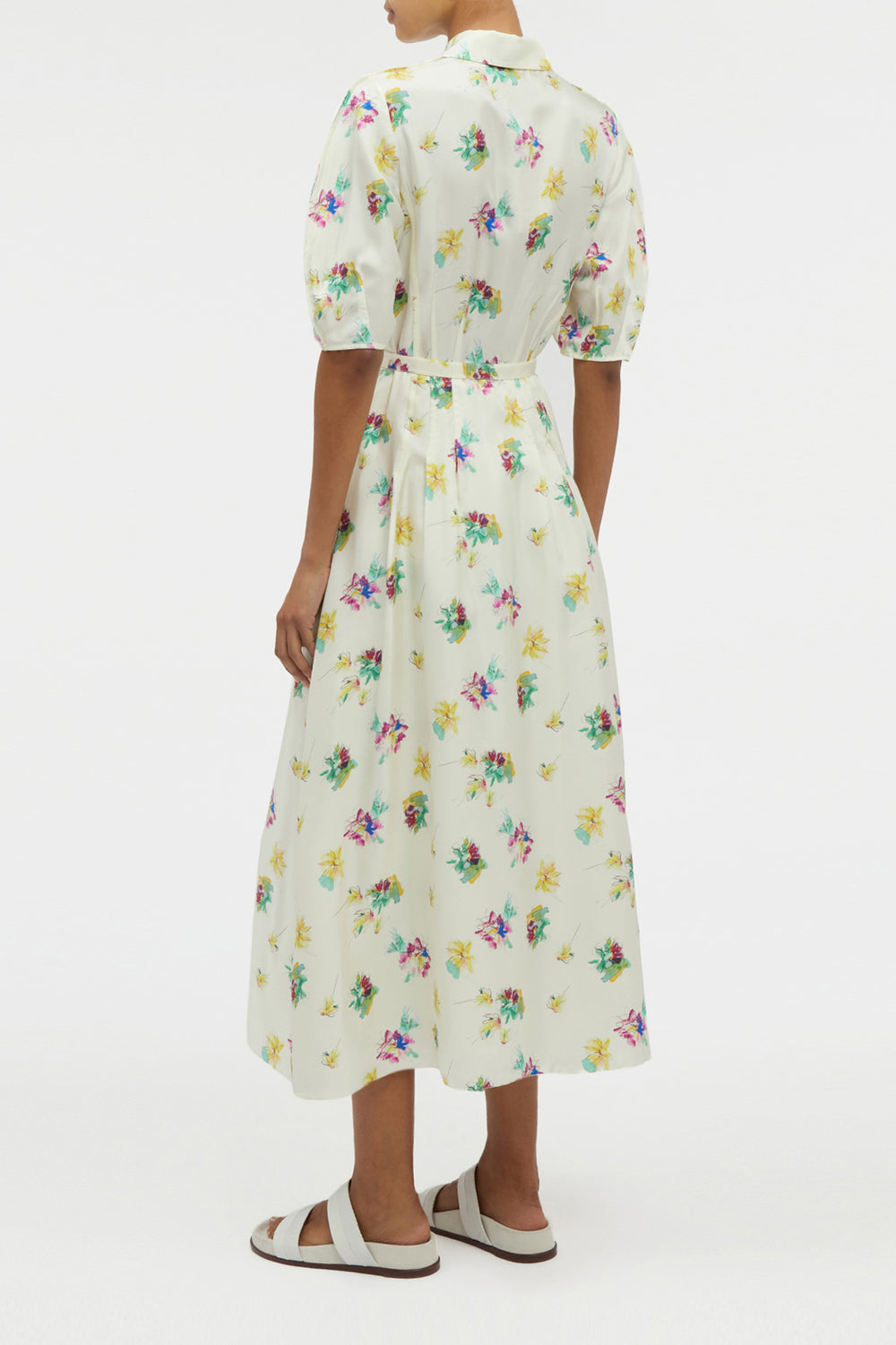 Maude Pleated Mia's Flowers Midi Shirtdress in Ivory Multi Printed Silk Twill