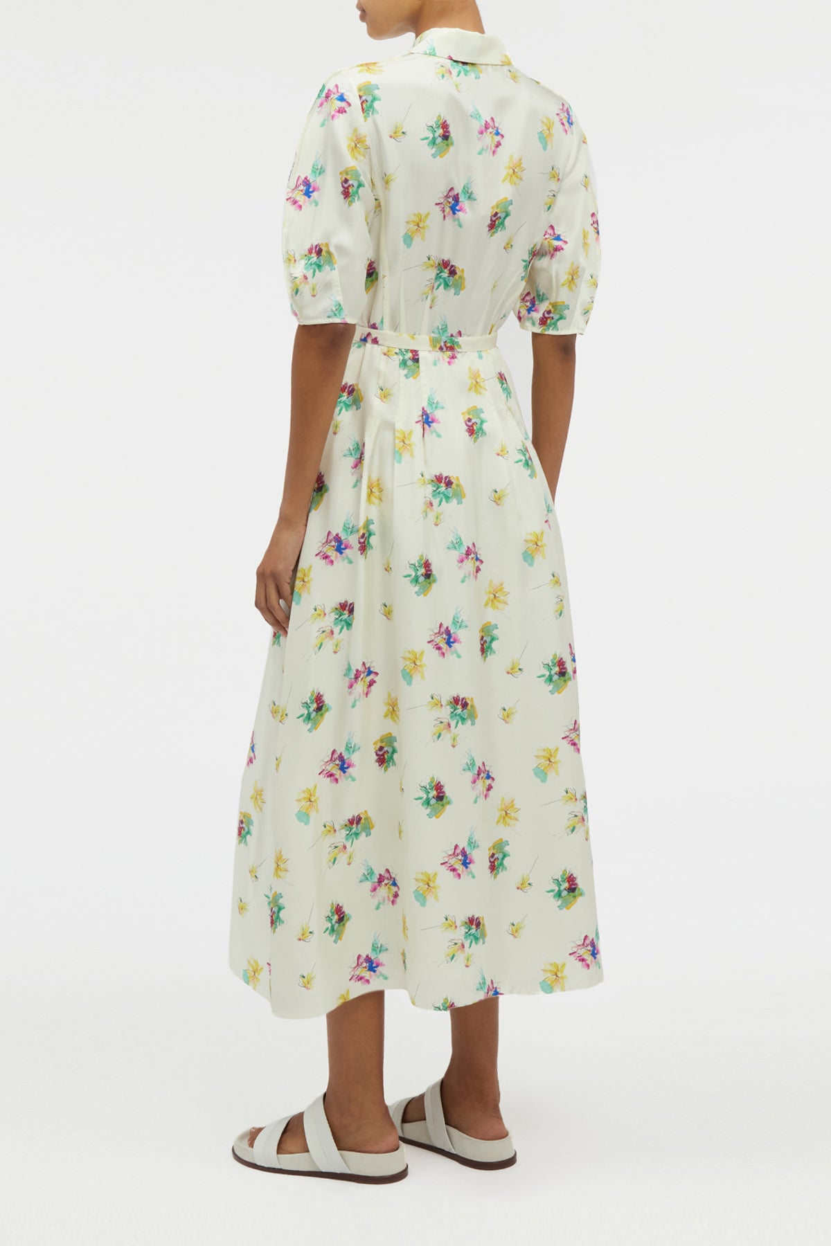 Maude Pleated Mia's Flowers Midi Shirtdress in Ivory Multi Printed Silk Twill