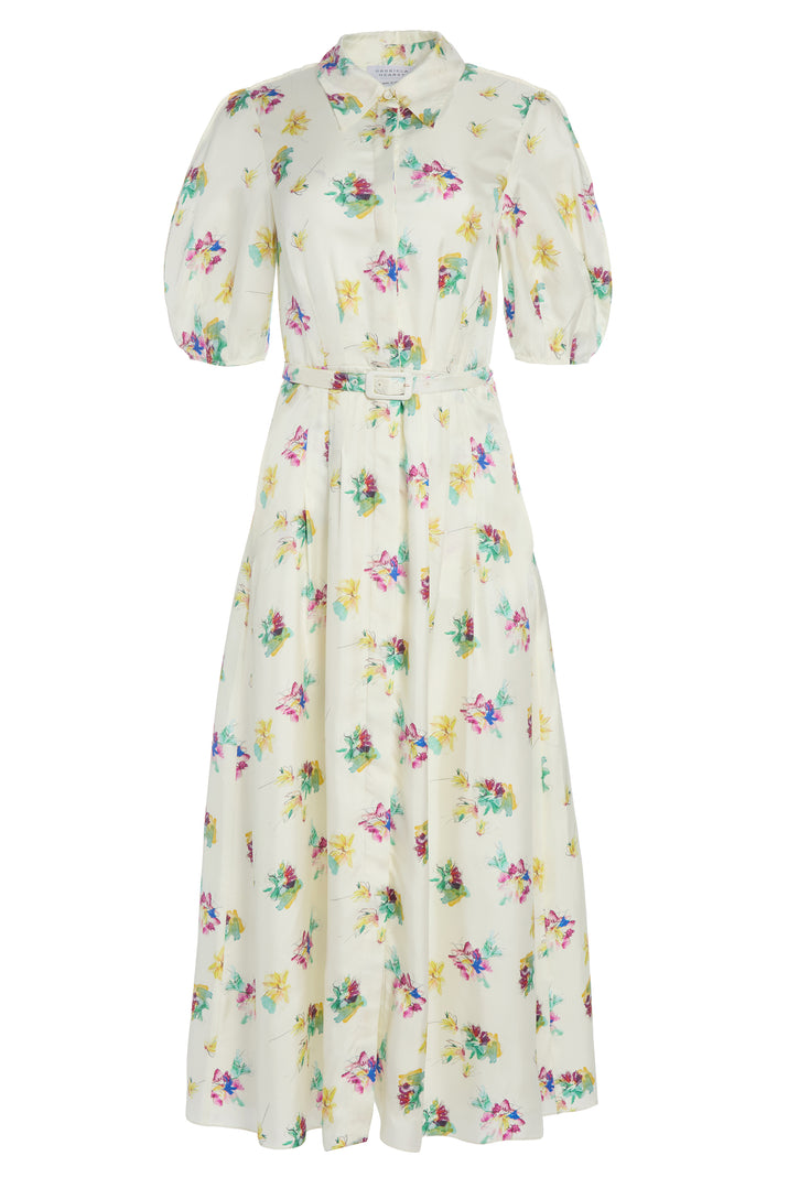 Maude Pleated Mia's Flowers Midi Shirtdress in Ivory Multi Printed Silk Twill