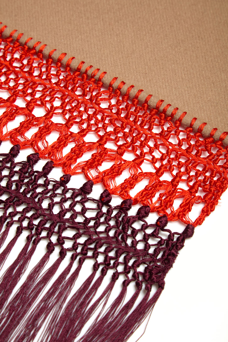 Egret Fringe Scarf in Camel Double-face Recycled Cashmere & Silk Macrame