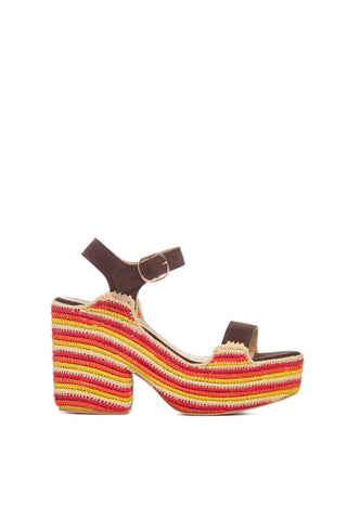 Sardis Platform Sandal in Dark Chocolate Multi Suede & Natural Raffia