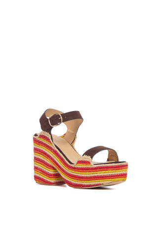 Sardis Platform Sandal in Dark Chocolate Multi Suede & Natural Raffia
