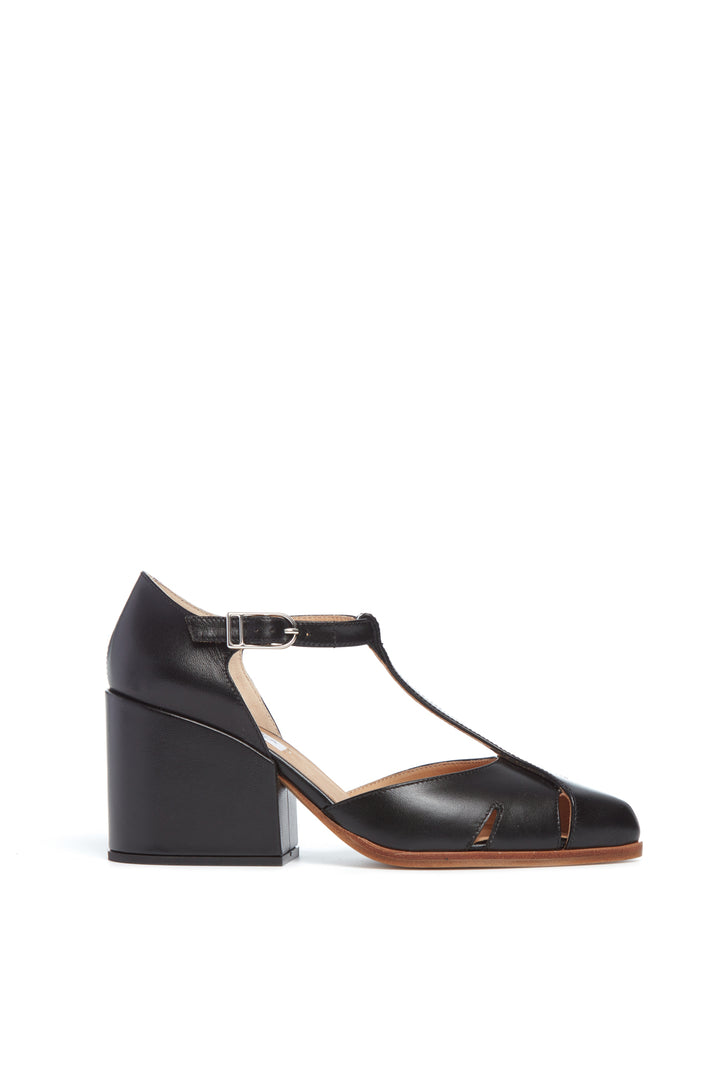 Hawes T-Strap Block Heel Pump in Black Leather