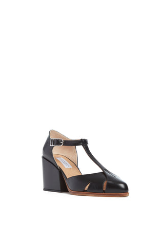 Black Leather Hawes T-Strap Pump - Front View with Block Heel | Gabriela Hearst