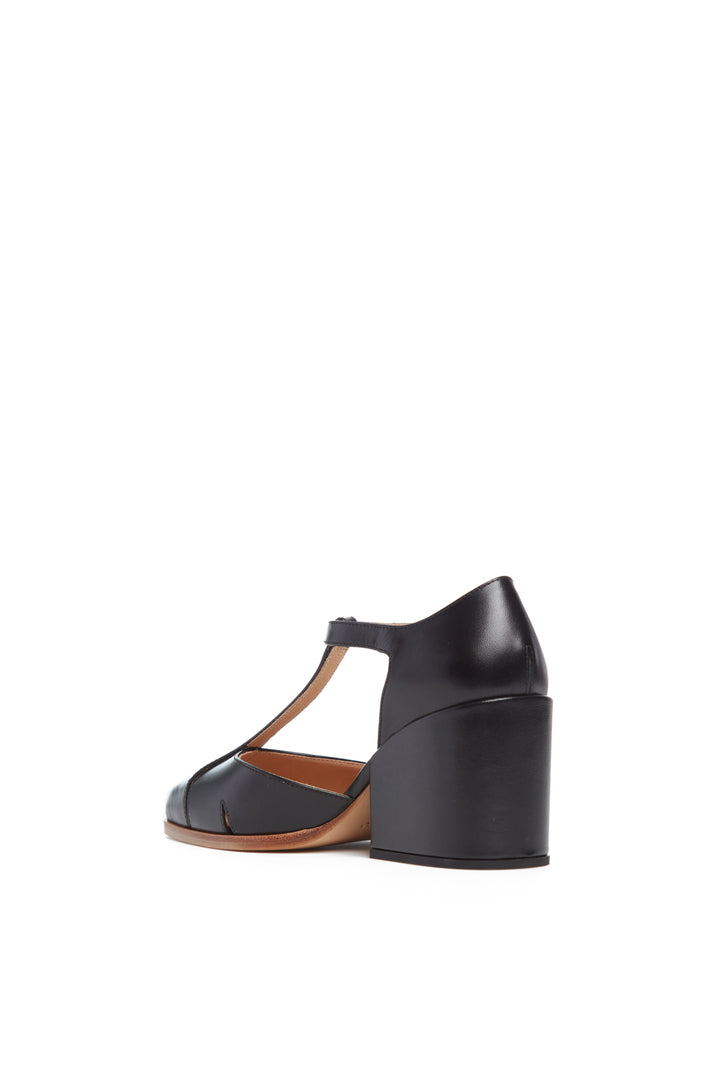 Hawes T-Strap Block Heel Pump in Black Leather