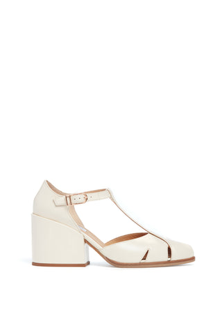 Cream Leather Hawes T-Strap Block Heel Pump - Side Profile, Rose Gold Buckle | Gabriela Hearst