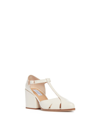 Hawes T-Strap Block Heel Pump in Cream Leather