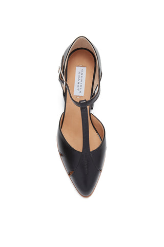 Black Leather Hawes T-Strap Pump - Top View with Brand Label | Gabriela Hearst
