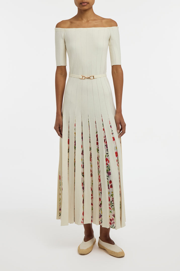Kurt Knit Pleated Maxi Dress in White Multi Merino Wool