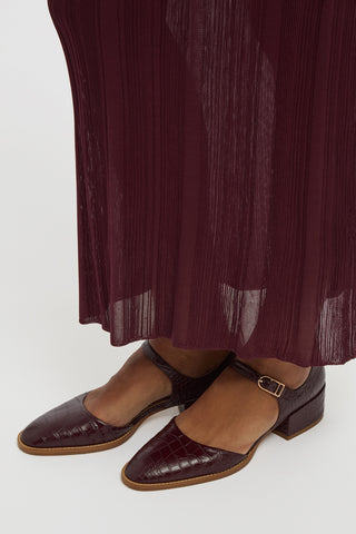 Riley Sandal in Bordeaux Crocodile Embossed Leather