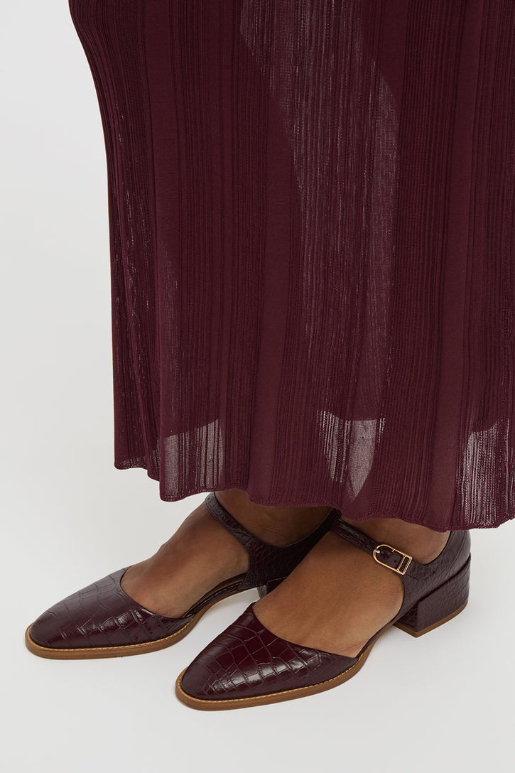 Riley Sandal in Bordeaux Crocodile Embossed Leather