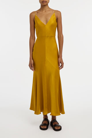 Brigita Slip Maxi Dress in Golden Birch Silk Satin