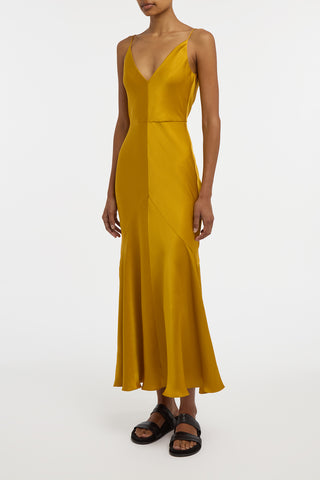 Brigita Slip Maxi Dress in Golden Birch Silk Satin
