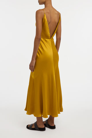 Brigita Slip Maxi Dress in Golden Birch Silk Satin