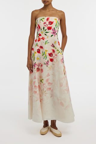 Alessia Strapless Maxi Dress in Uruguayan Flowers Printed Linen