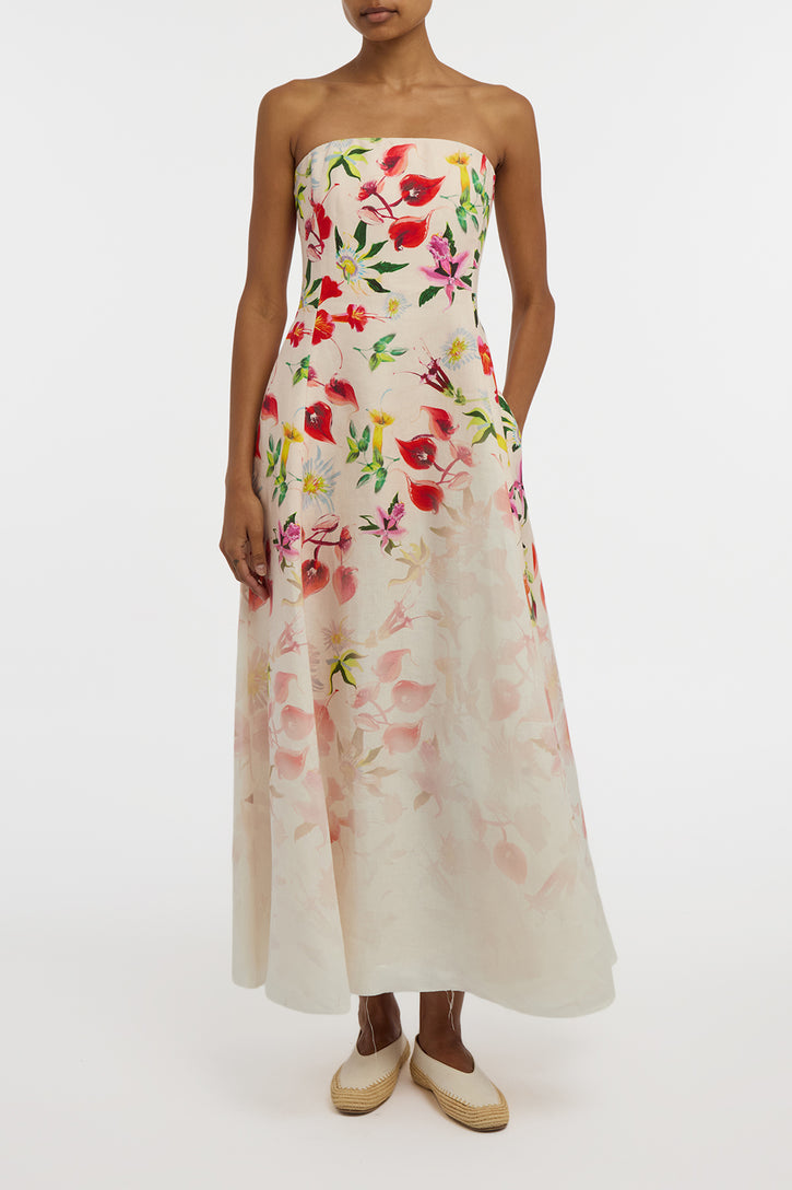 Alessia Strapless Maxi Dress in Uruguayan Flowers Printed Linen