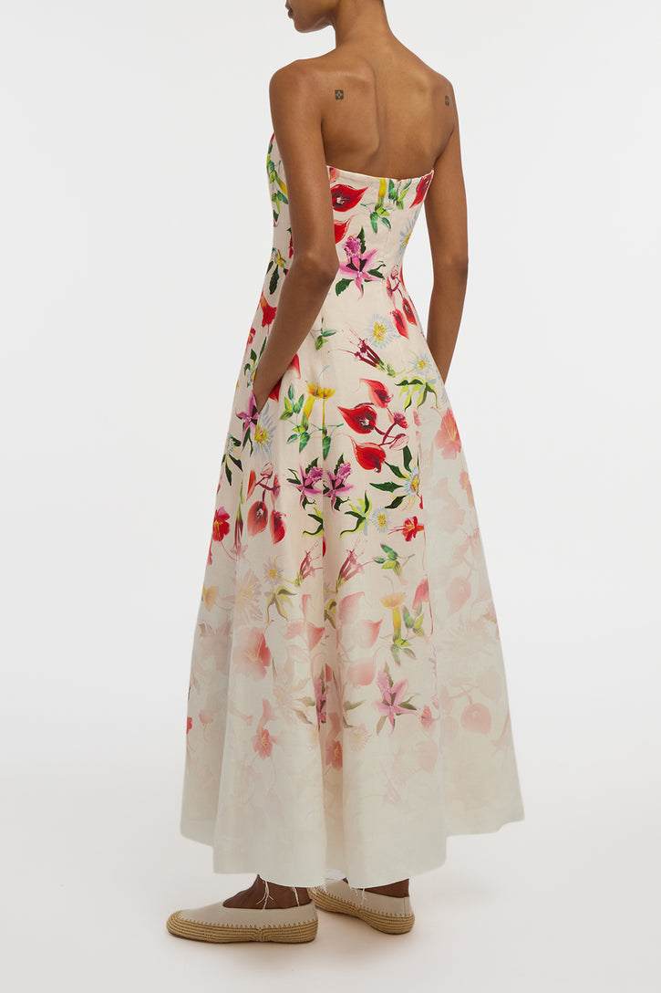 Alessia Strapless Maxi Dress in Uruguayan Flowers Printed Linen