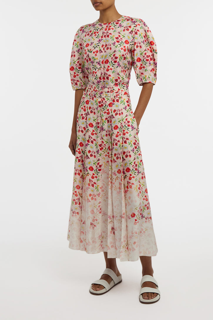 Dugald Pleated Midi Skirt in Uruguayan Flowers Printed Silk