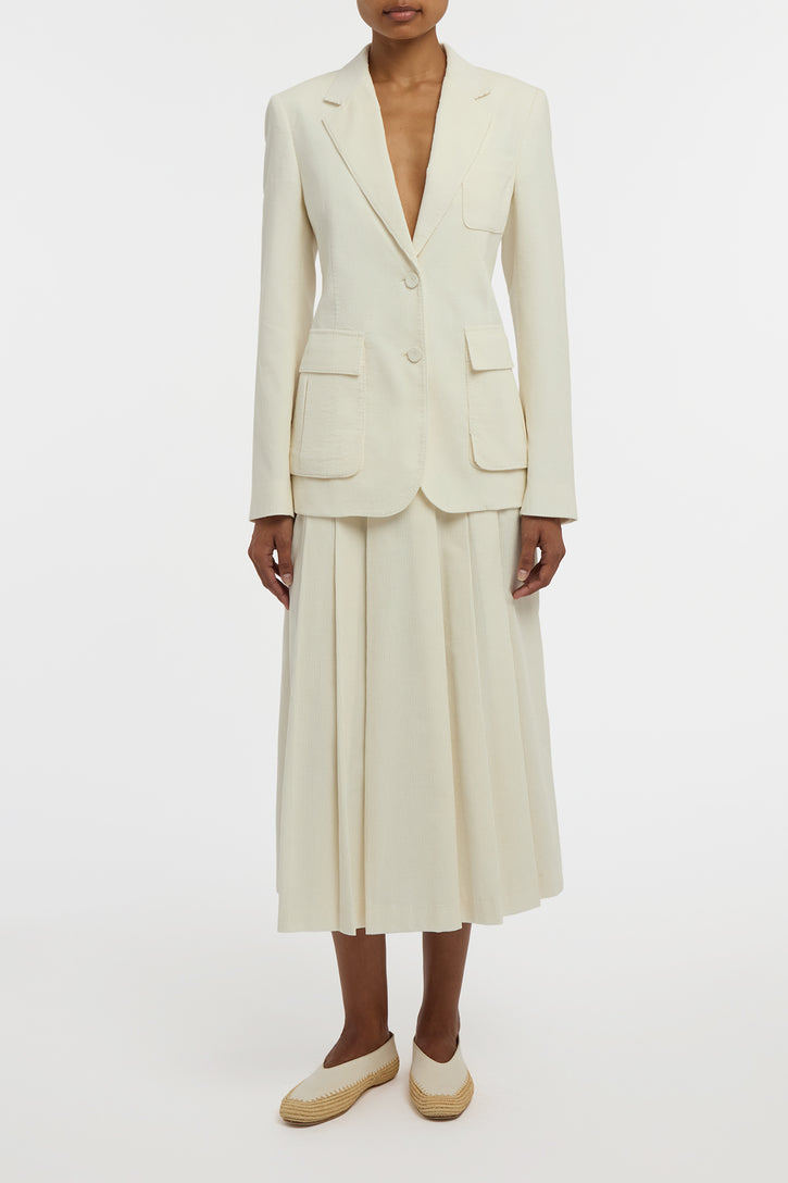 Wesley Pleated Midi Skirt in Ivory Sea Island Cotton Corduroy