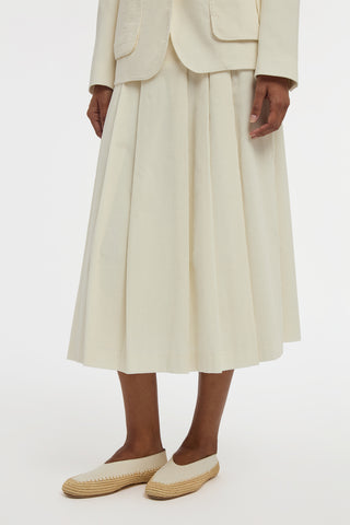 Wesley Pleated Midi Skirt in Ivory Sea Island Cotton Corduroy