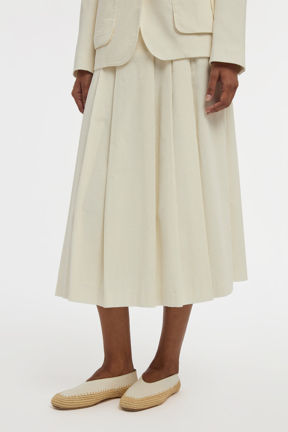 Wesley Pleated Midi Skirt in Ivory Sea Island Cotton Corduroy