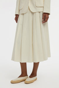 Wesley Pleated Midi Skirt in Ivory Sea Island Cotton Corduroy
