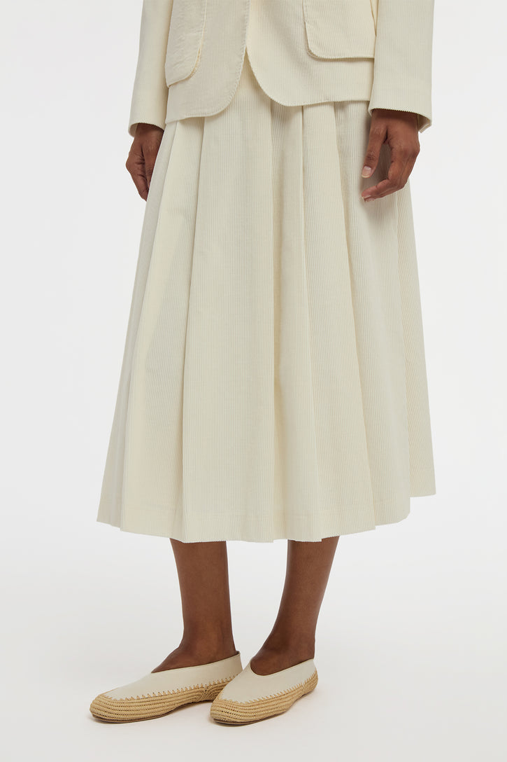 Wesley Pleated Midi Skirt in Ivory Sea Island Cotton Corduroy