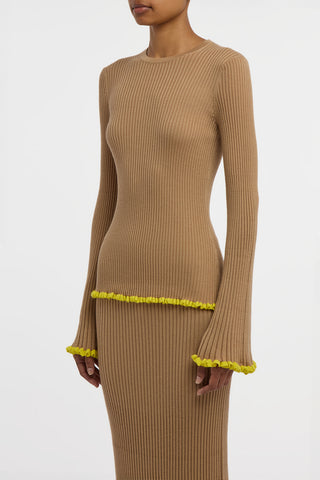 Erya Knit Crewneck Sweater in Camel Cashmere Silk