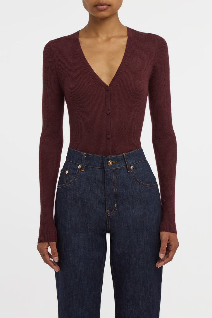 Aiste Knit Cardigan in Bordeaux Cashmere Silk with Hemp