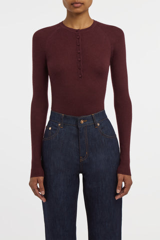 Anges Knit Henley in Bordeaux Cashmere Silk with Hemp