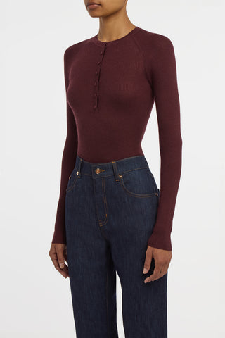 Anges Knit Henley in Bordeaux Cashmere Silk with Hemp