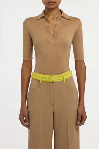 Caius Knit Short Sleeve Polo in Camel Cashmere Silk