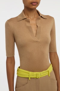Caius Knit Short Sleeve Polo in Camel Cashmere Silk