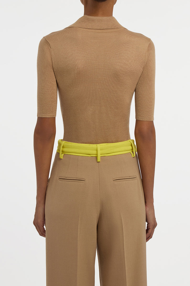 Caius Knit Short Sleeve Polo in Camel Cashmere Silk
