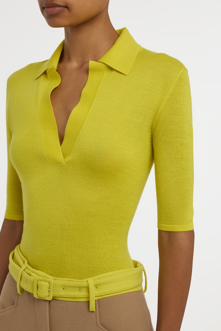 Caius Knit Short Sleeve Polo in Citrine Cashmere Silk