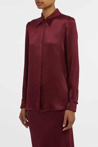 Cruz Shirt in Bordeaux Silk Satin