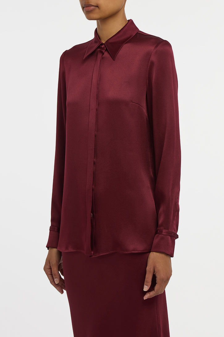 Cruz Shirt in Bordeaux Silk Satin