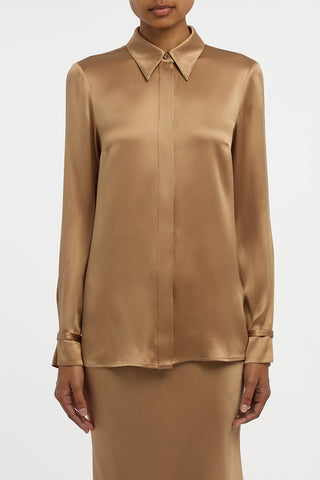 Cruz Shirt in Camel Silk Satin