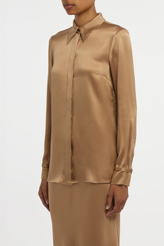 Cruz Shirt in Camel Silk Satin