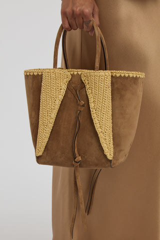 Small Marija Tote Bag in Dark Sand Suede & Raffia