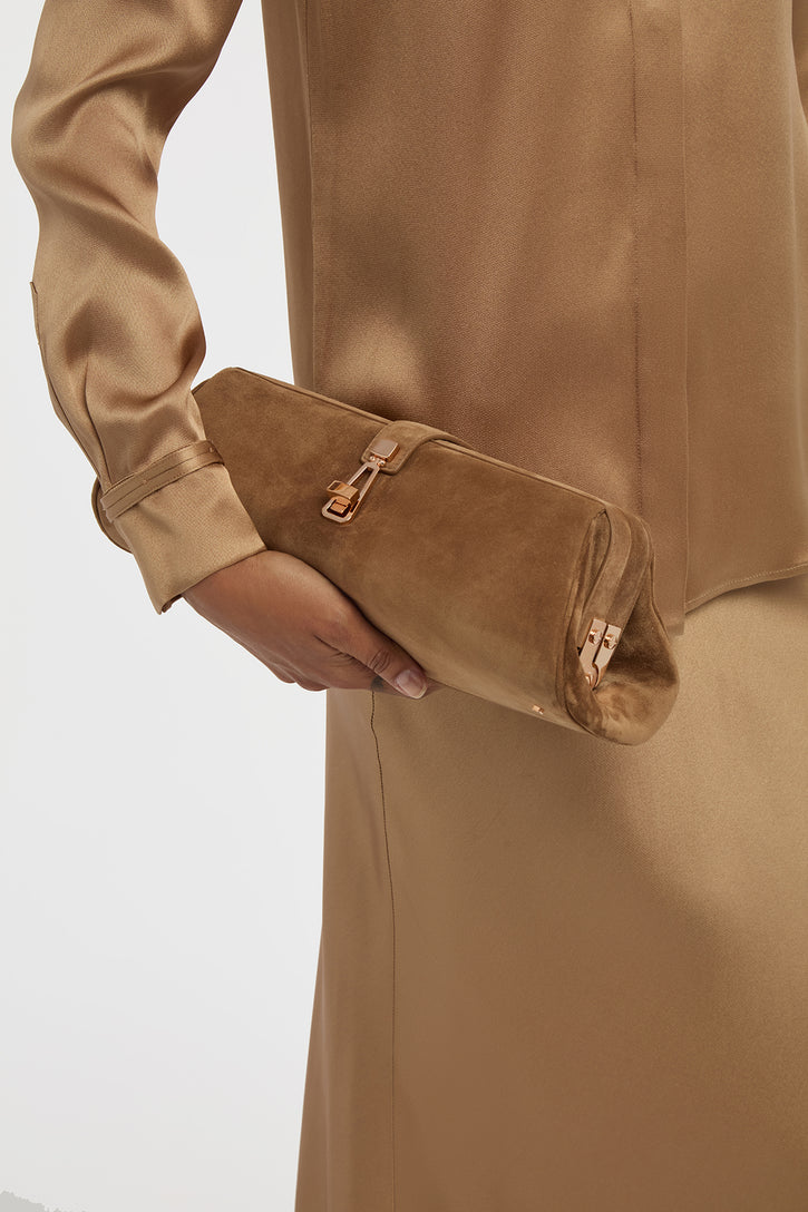 Paola Clutch in Dark Sand Suede