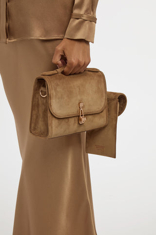 Small Leonora Flap Bag in Dark Sand Suede