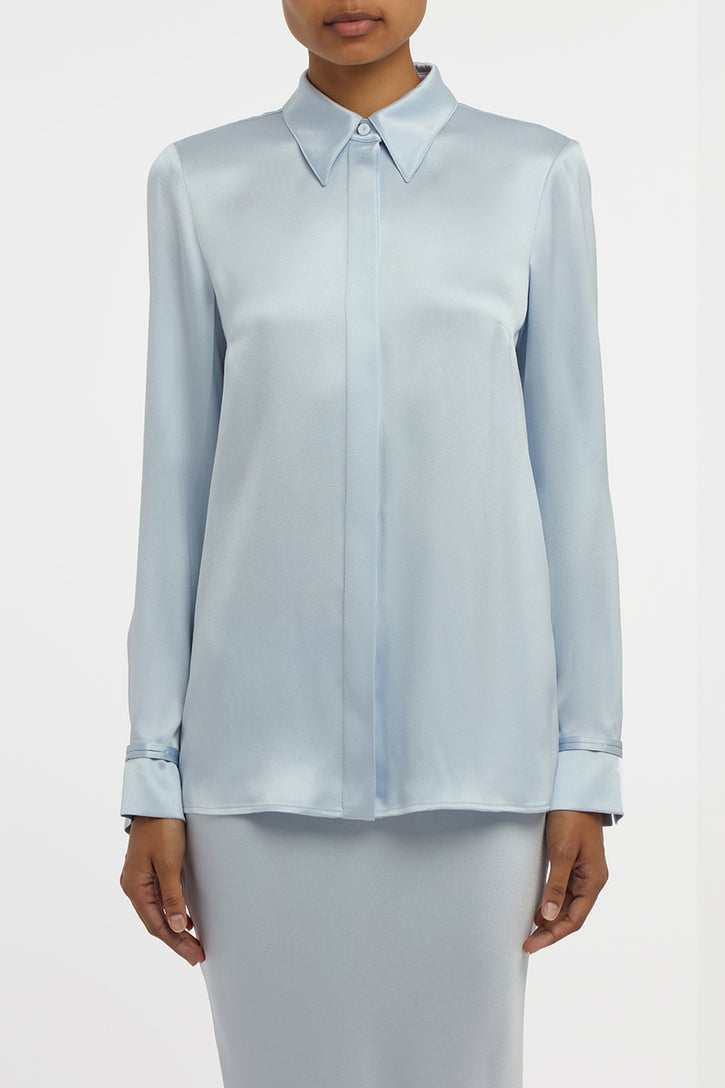 Cruz Shirt in Light Blue Silk Satin