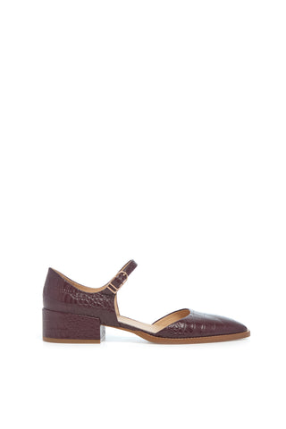 Riley Sandal in Bordeaux Crocodile Embossed Leather